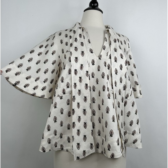 NWT Banana Republic‎ Viscose Linen Tie Neck Top SMALL Block Print Relaxed Blouse - Picture 10 of 17